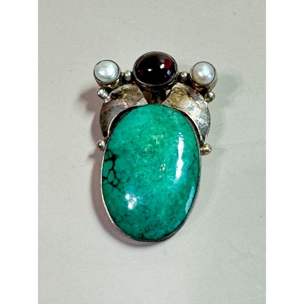 Vintage 925 Sterling Southwestern Green Howlite Pendant With Amethyst Accent - Picture 3 of 6